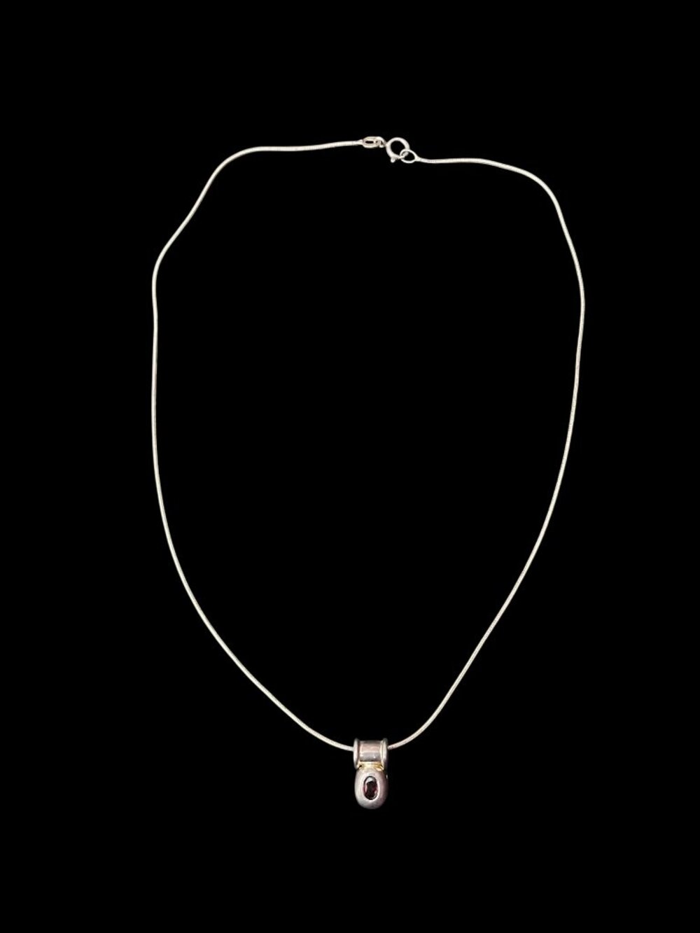Sterling Silver Necklace With Oval Garnet Pendant 925 Snake Chain Lobster Clasp